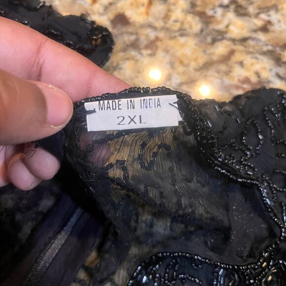 Vintage Women Small Beaded Black 3/4 Sleeve Heavy Top Zipper Back Emo Grunge - Picture 4 of 7